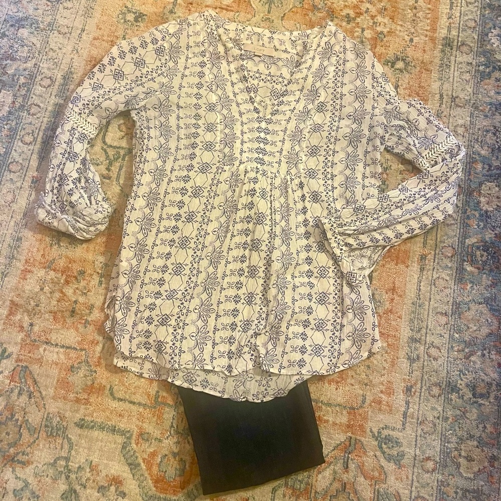 Loft White and Blue Patterned Blouse